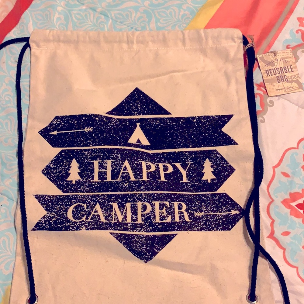 New Happy Camper reusable bag with ropes. Can be heard as a backpack